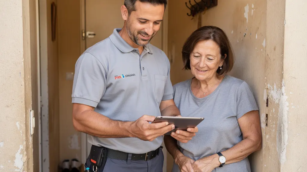 Technicien en désinsectisation expliquant le diagnostic à une propriétaire dans l'entrée d'un appartement marseillais