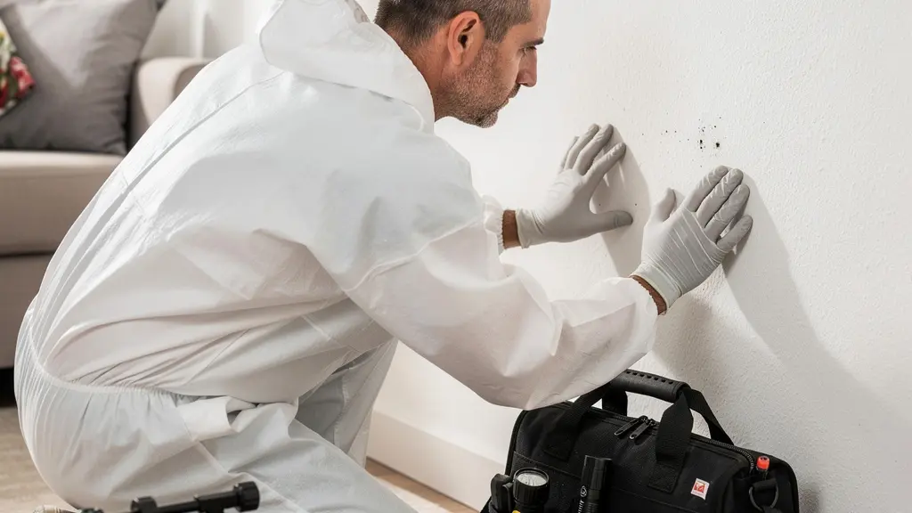 Technicien en désinsectisation avec équipement professionnel inspectant une zone de traitement